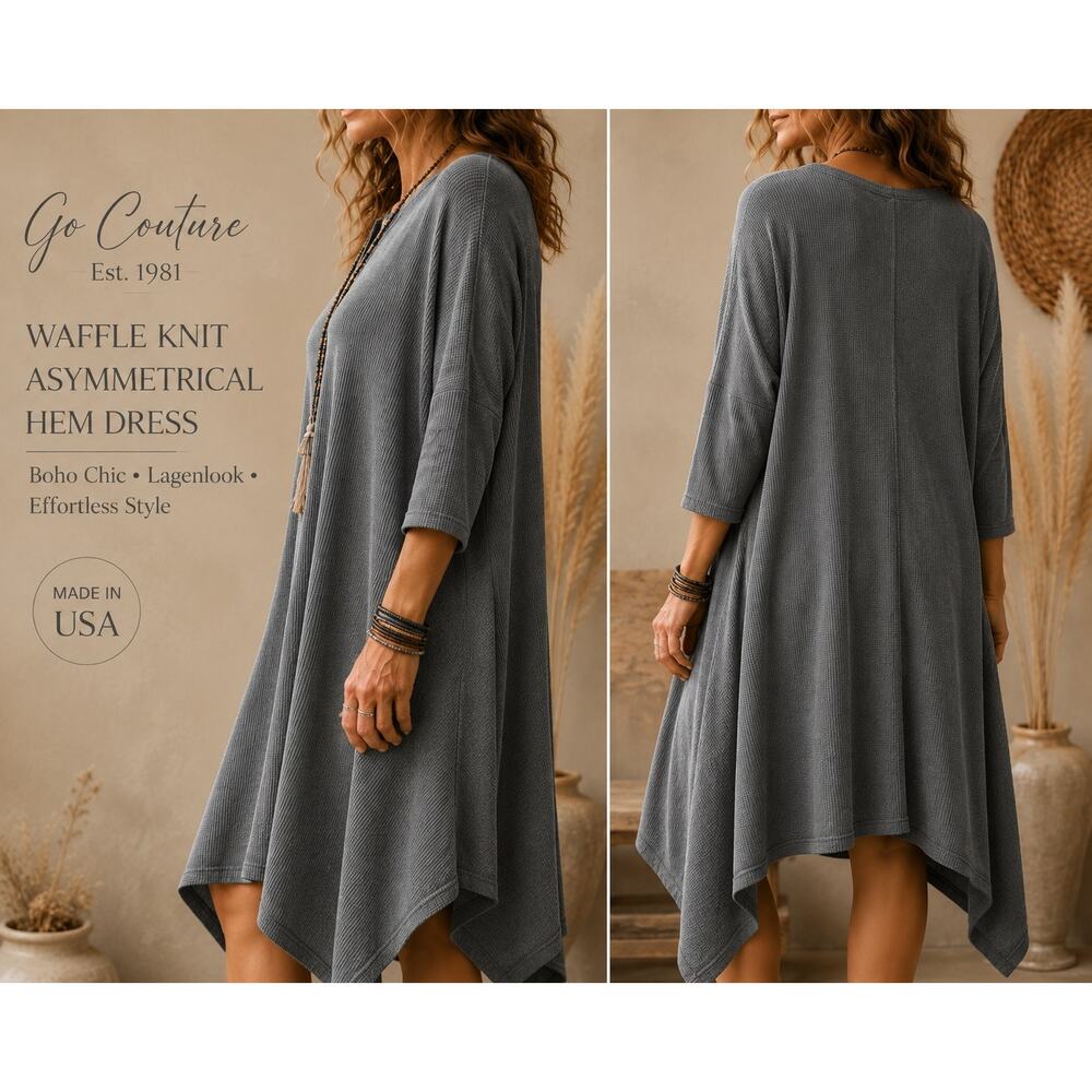 Go Couture Waffle Knit Asymmetrical Hem Midi Dress Gray Oversized Boho Lagenlook